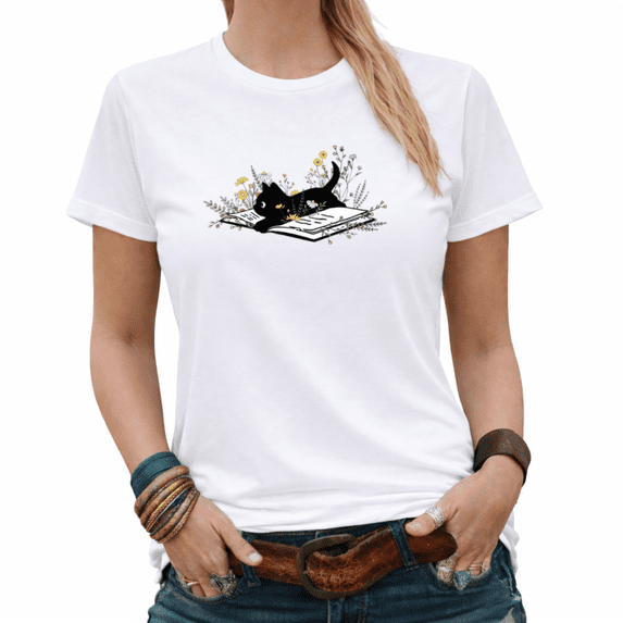 Black Cat Reading Book Wildflower Graphic Tees Womans Tshirt Shirts Black/White S-5XL Tops