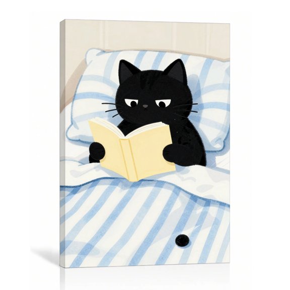 Black Cat Reading Canvas Wall Art, Cat in Bed with Book, Cute Cozy Bedroom Decor, 8"L x 12"W
