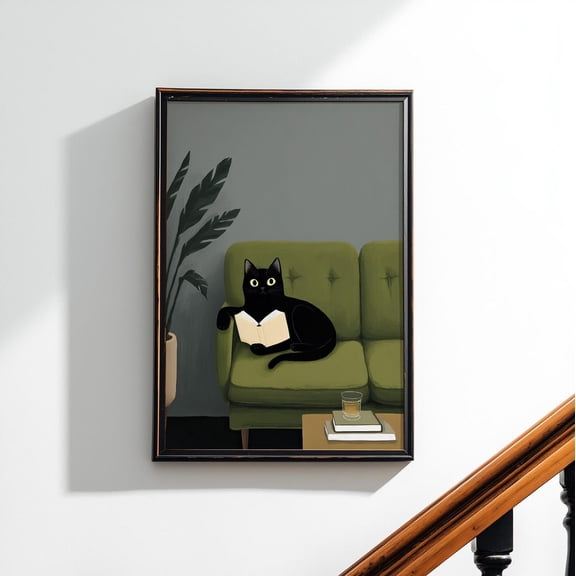 Black Cat Reading Couch Wall Art Cozy Book Lover Decor, Stretched Canvas Size 8x12