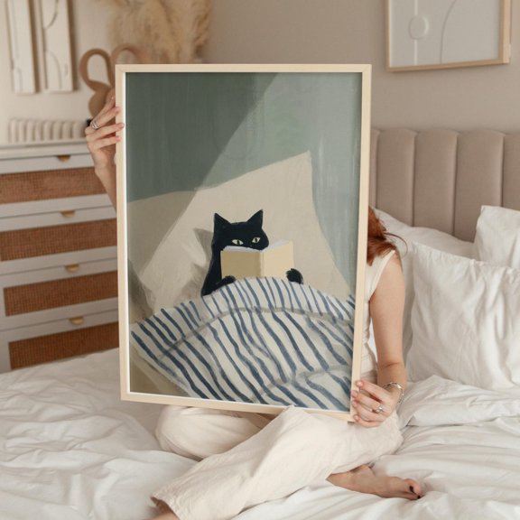 Black Cat Reading Cozy Book Lover Stylish Decorative Design Statement Accent Wall Art