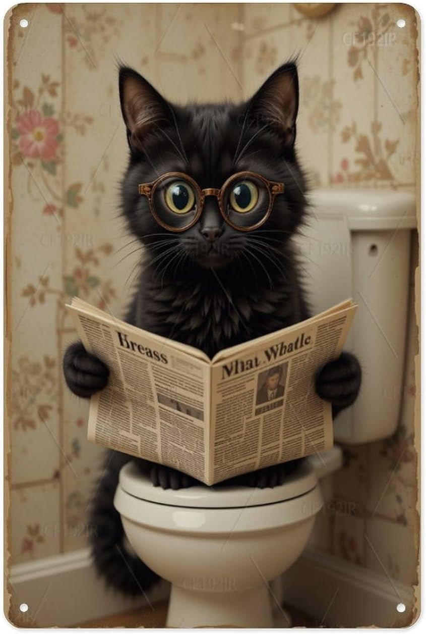 Black Cat Reading Newspaper On The Toilet Vintage Aluminum Tin Sign ...