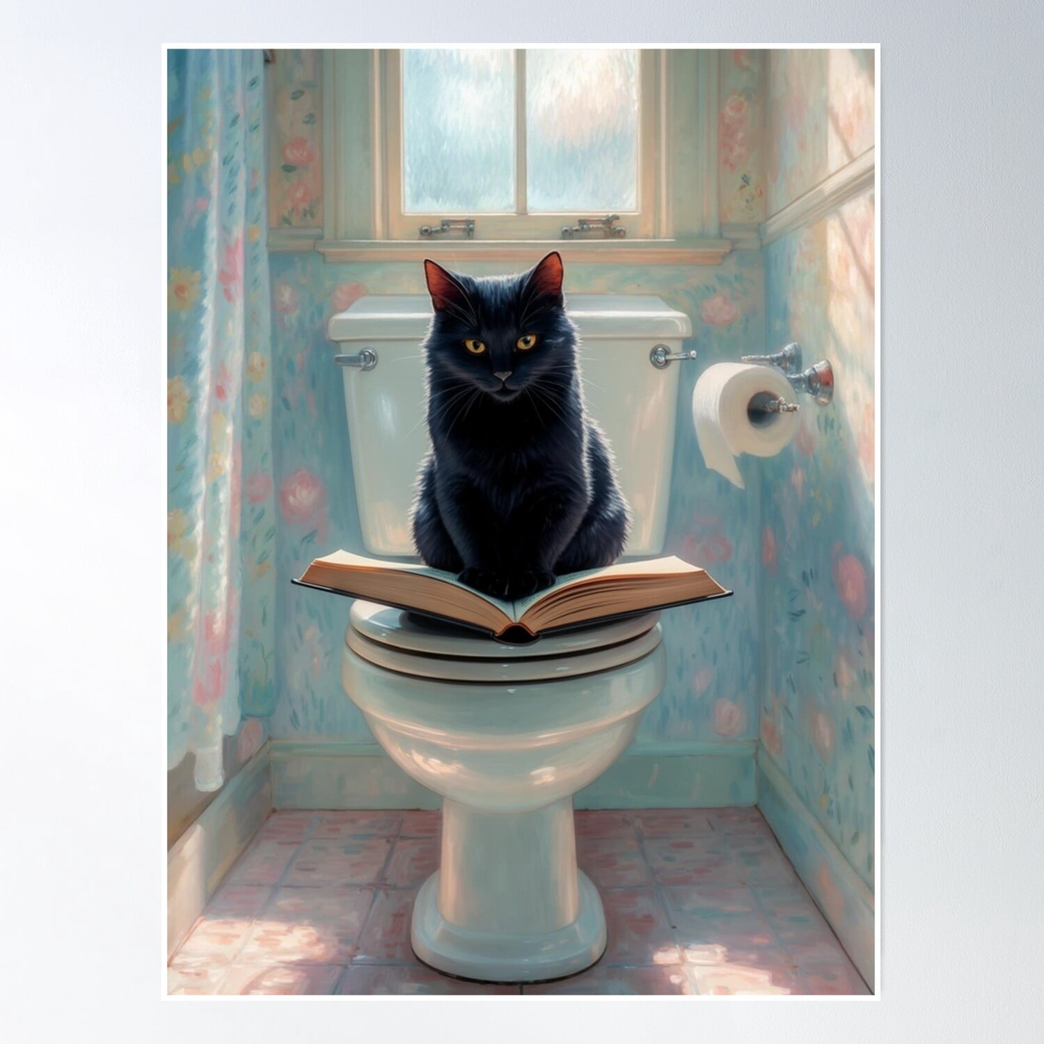 Black Cat Reading On Toilet - Funny Bathroom Art, Whimsical Feline ...