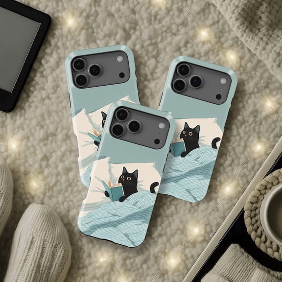 Black Cat Reading Tough Phone Case, Bookish Animal Art Dual Layer Shock Absorbing Protective Hard Shell Cover, Compatible with iPhone 18 Pro Max
