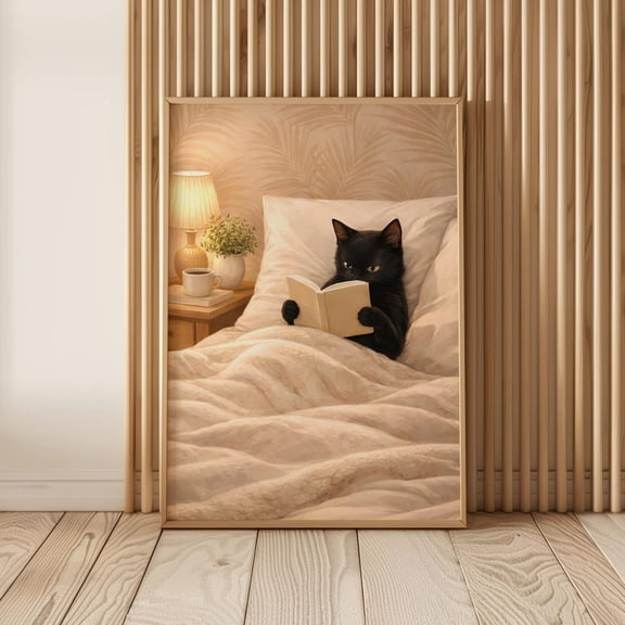 Black Cat Reading Vintage Neutral Wall Art, Unframed Paper Print Size 8x12
