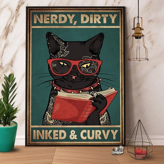 Black Cat Reads Book Nerdy Dirty Inked & Curvy Satin Poster Wall Art Decor 16 x 24 Inch Poster