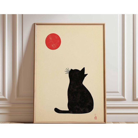 Black Cat Red Sun Wall Art, Unframed Paper Poster 8x10in