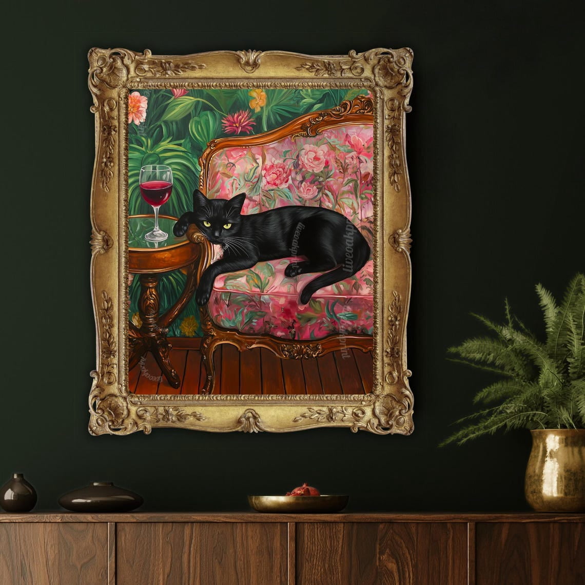 Black Cat With Red Wine Print - Emerald Green And Pink Wall Art - Wine ...