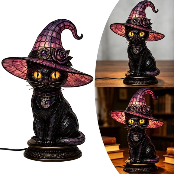 Black Cat Resin Witch Hat Table Lamp For Halloween Decor, Retro Gothic Halloween Table Lamp For Bedroom Bookshelf Party Decor,Black - 15