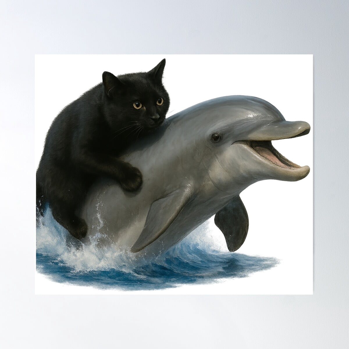 Black Cat Riding A Dolphin Through Ocean Waves Poster Wall Art, Modern ...