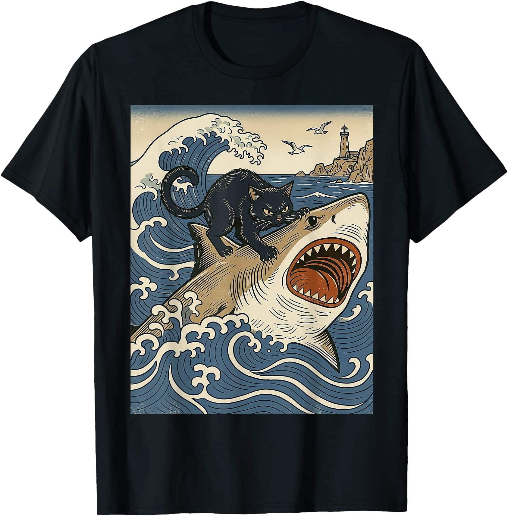 Shark Project Drawings Black Cat Riding Shark Vintage Ocean Wave Japanese Art Gifts T-Shirt ...
