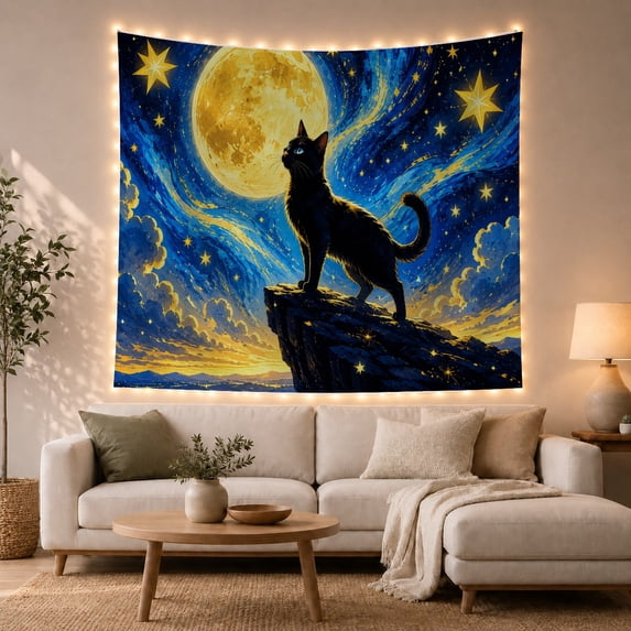 Black Cat on Rocky Ledge Gazing at Moon in Swirling Night Sky, Whimsical Celestial for Cat Lovers, Mystical Animal Art, Housewarming Gift, Tapestry Wall Hanging for Bedroom and Living Room