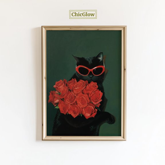 Black Cat Roses Glam Wall Art Home Decor