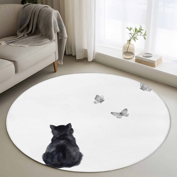 Black Cat Round Area Rug 3Ft Washable Small Circle Rugs for Kitchen Entryway, Funny Cute Cats Grey Butterfly Animals Non-Slip Carpet Floor Mats Indoor Outdoor Carpet Runner Aesthetic Home Decor