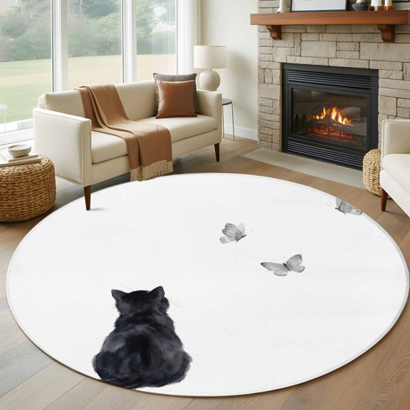 Black Cat Round Area Rug 6Ft Washable Circle Rugs for Bathroom Office, Funny Cute Cats Grey Butterfly Animals Non-Slip Carpet Floor Mats Indoor Outdoor Carpet Runner Aesthetic Home Decor