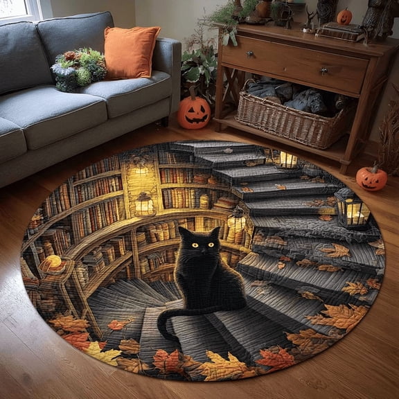 Black Cat Round Rug 3D Optical Round Rug, Halloween Gothic, Spooky Cat Stairs Cat Library Rug