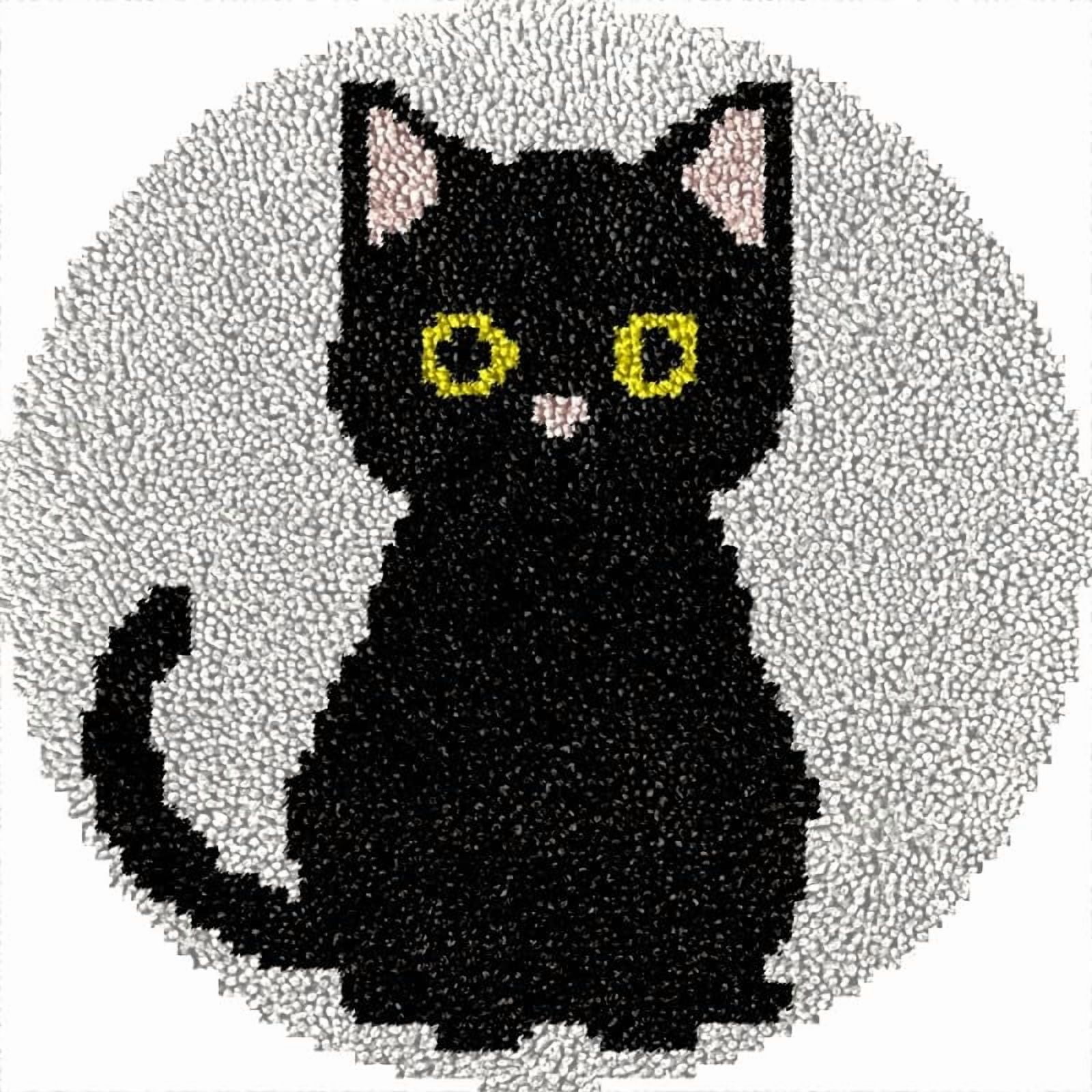 Black Cat Round Shape Latch Hook Rug Kits Set for Starter Crochet Hook Cushion Mat Sofa Seat Cushion Crocheting Kits with Preprinted Canvas Crochet Yarn Kits 50X50cm (ui78)