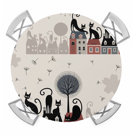 Black Cat Round Tablecloth for 55-60 Inch Tables, Fitted Table Cover with Elastic Edge, Cartoon Modern Art Waterproof Outdoor Table Cloth Protector for Patio Garden Dinner Picnic