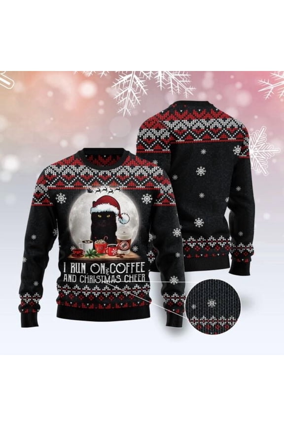 Black Cat Run On Coffee Ugly Christmas Sweater, Christmas Cat Ugly Sweater, Ugly Cat Xmas Sweater