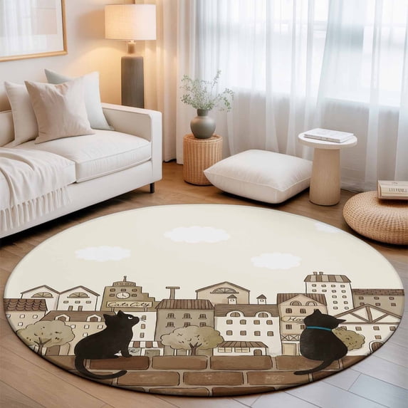 Black Cat Rustic House Beige Round Rug 5ft Japanese Style Buildings ...