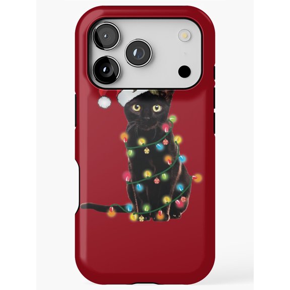 Black Cat Santa Tangled in Christmas Tree Lights Tough Phone Case for iPhone 14 Pro Max