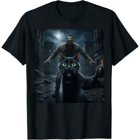 Black Cat Selfie Running Away From Zombie Fun For Teens T-Shirt Size S-5XL