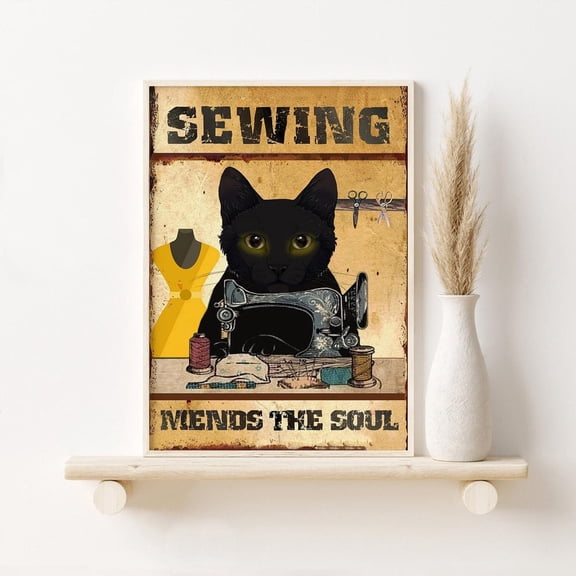 Black Cat Sewing Machine Art Print, Sewing Mends The Soul Print, Sewing Wall Hanging, Sewing Lover , Tailor Store Print Home Decor #3135, 8x12 UNFRAMED