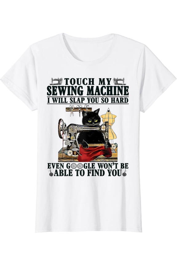 Black Cat Sewing Machine Warning Graphic T-Shirt