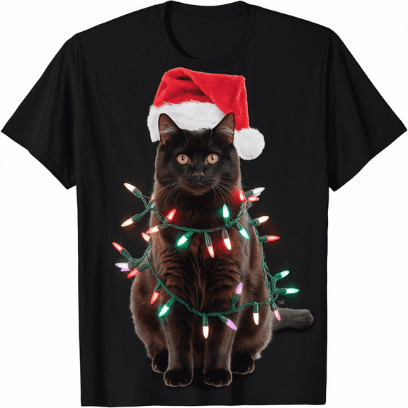 Black Cat Shirt Christmas Lights Funny Santa Cat T-Shirt