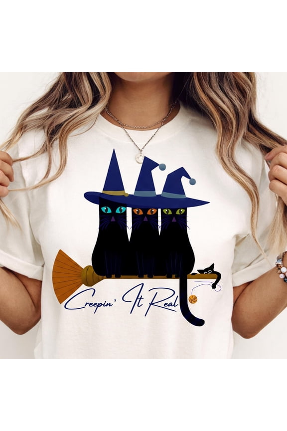 Black Cat Shirt Funny Witchy Cat Tee for Mom or Dad Creepin It Real Funny Broom Cat Graphi