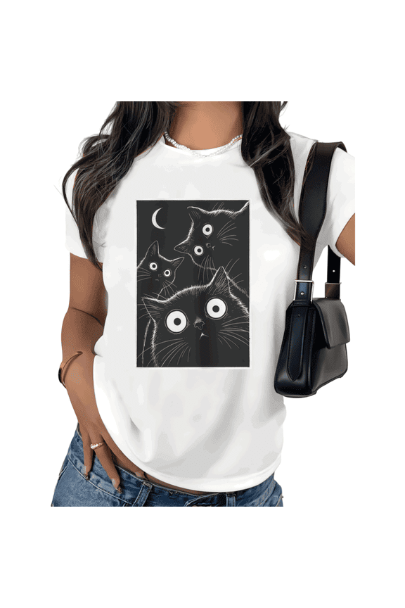 Black Cat Shirt Graphic Tees Print Tshirt Shirts White Women Cute Cat Gothic Aesthetic Funny Cat Casual Summer Soft Cotton Tee Size S-5XL Tops