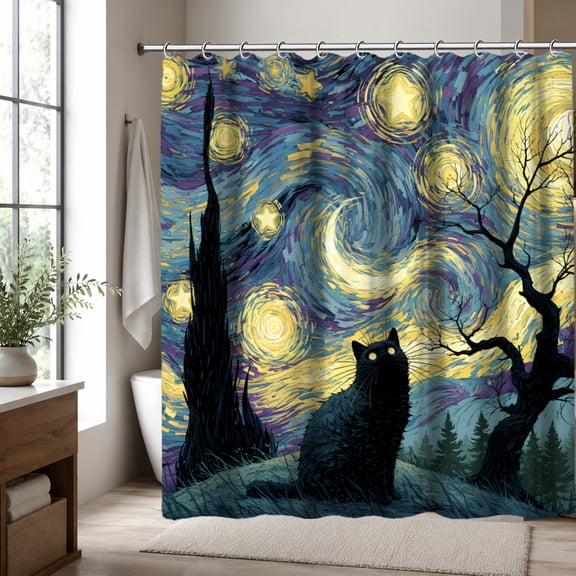 Black Cat Shower Curtain 70.87 x 70.87 Inch, Starry Night Moon Stars Polyester Fabric Bathroom Curtain, Celestial Artistic Bathroom Decor