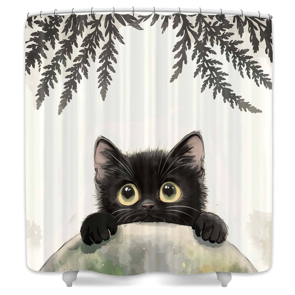 Black Cat Shower Curtain, Cute Kitten with Green Leaves Bathroom Decor, Waterproof Washable Polyester Fabric, 72X72 Inch Bath Curtain Set with Hooks for Cat Lovers & Modern Bathroom Decorations.