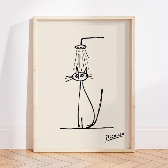 Black Cat Shower Wall Art Print, Minimalist Picasso Bathroom Print, Funny Cat Bathroom Decor (Unframed)