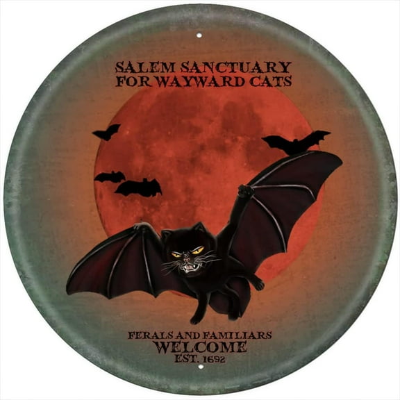 Black Cat Signs - Cats Halloween Poster - Cat Horror Vintage Metal Sign - Witch Cat Poster - Signs for Home Office Cafe Bar -Party Decor for Halloween Circle Sign 12x12 Inches
