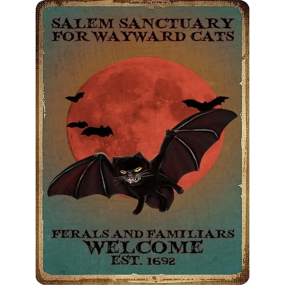 Black Cat Signs - Cats Halloween Poster - Cat Horror Vintage Metal Sign - Witch Cat Poster - Signs for Home -Party Decor for Halloween - Happy Halloween Sign Gift 12x16 Inches