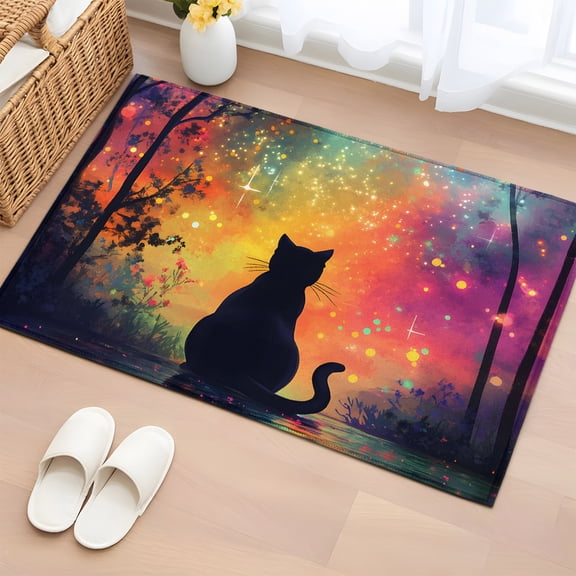 Black Cat Silhouette 2'x3' Rug for Entryway Front Door Kitchen Sink Area, Starry Night Enchanted Forest Fantasy Low Pile Washable Non Slip Rectangle Area Rug