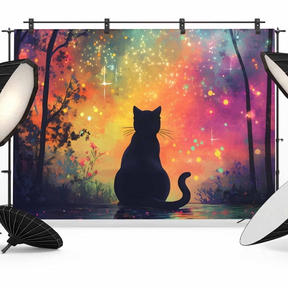 Black Cat Silhouette Backdrops for Photography, Starry Night Enchanted Forest Fantasy Fabric Photo Background Sturdy Studio Props for Photo Studio, Video Recording, Booth & Photoshoot 12x8ft