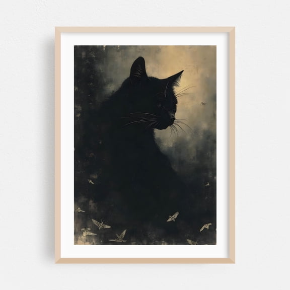 Black Cat Silhouette - Digital Art Cat Gothic Mystical Animal Surrealism Night Sky Oak Framed Wall Art Print 5 x 7 inches