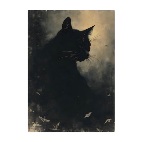 Black Cat Silhouette - Digital Art Cat Gothic Mystical Animal Surrealism Night Sky Unframed Wall Art Print 4 x 6 inches