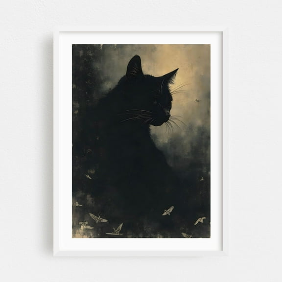 Black Cat Silhouette - Digital Art Cat Gothic Mystical Animal Surrealism Night Sky White Framed Wall Art Print 5 x 7 inches