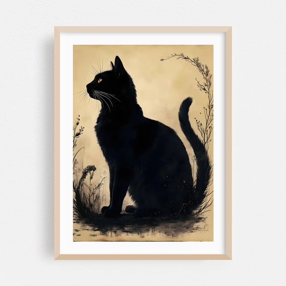 Black Cat Silhouette - Digital Art Cat Silhouette Animal Gothic Illustration Floral Mystical Oak Framed Wall Art Print 24 x 36 inches