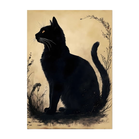 Black Cat Silhouette - Digital Art Cat Silhouette Animal Gothic Illustration Floral Mystical Unframed Wall Art Print 40 x 60 inches