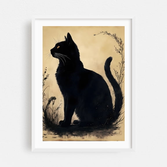 Black Cat Silhouette - Digital Art Cat Silhouette Animal Gothic Illustration Floral Mystical White Framed Wall Art Print 5 x 7 inches