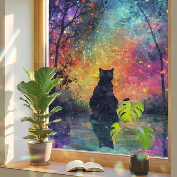 Black Cat Silhouette Forest Window Privacy Film, Rainbow Film Decorative Window Sticker 17.7x39.3in, Starry Night Lake Reflection Sun Blocking Static Stained Glass Cling Tint Non-Adhesive