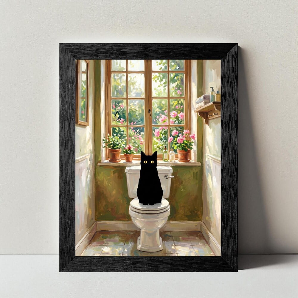 Black Cat Silhouette On Toilet Poster, Cottagecore Green Bathroom for ...