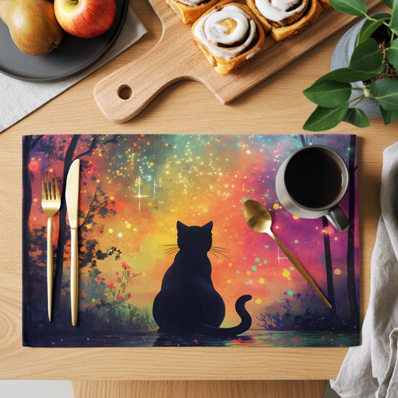 Black Cat Silhouette Placemats Set of 2, Starry Night Enchanted Forest Fantasy Non-Slip Place Mats Washable Table Mats for Kitchen Dining Table Decorations Indoor/Outdoor