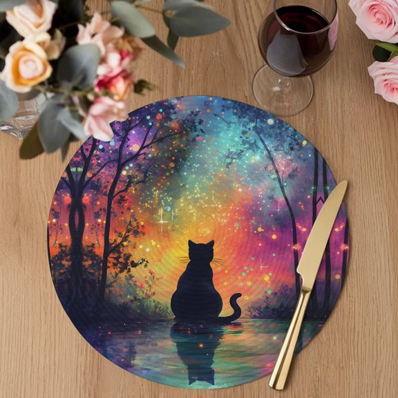 Black Cat Silhouette Round Braided Placemats Set of 1, Starry Night Enchanted Forest Fantasy Heat Insulation Place Mats Washable Non-Slip Table Mats for Kitchen Dining Party, 13 Inches