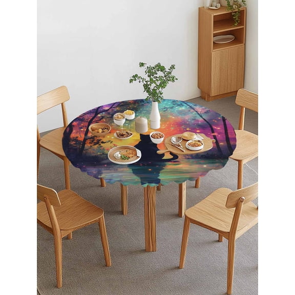 Black Cat Silhouette Round Fitted Tablecloth with Elastic Edge, Starry Night Enchanted Forest Fantasy Waterproof Stretch Table Covers for 45"-54" Tables Wipeable Table Cloth for Outdoor