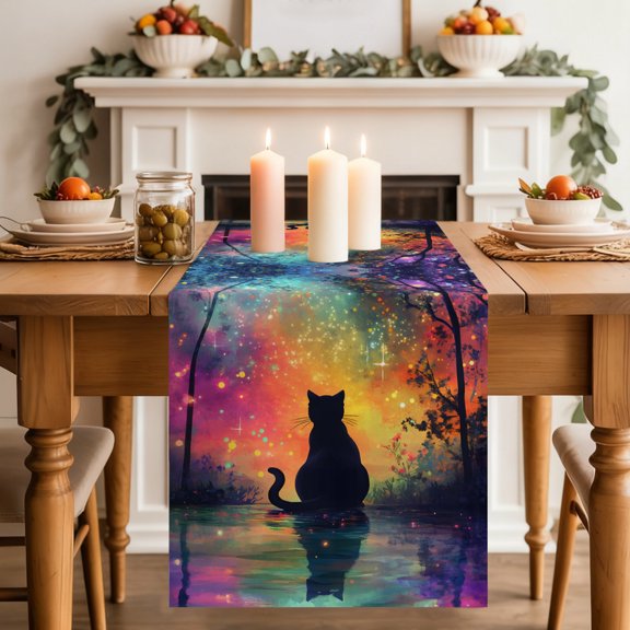Black Cat Silhouette Table Runner 13x36 Inch Starry Night Enchanted Forest Fantasy Cotton Linen Dining Table Runner Ideal for Dresser Kitchen Coffee Tables - Machine Washable