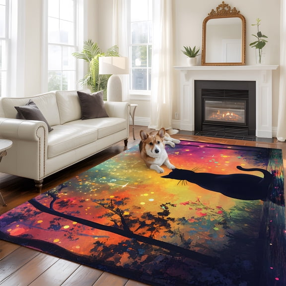 Black Cat Silhouette Washable Area Rug 5x8 Starry Night Enchanted Forest Fantasy Low-Profile Large Area Rugs with Non Slip Backing Indoor Floor Carpet for Entrance Living Room Bedroom Home Office